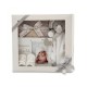 Set cadou bebelusi 8 piese unisex alb si gri marime 3-6 luni cu rama foto lemn paturica celulara gri comforter elefantel si haine bumbac