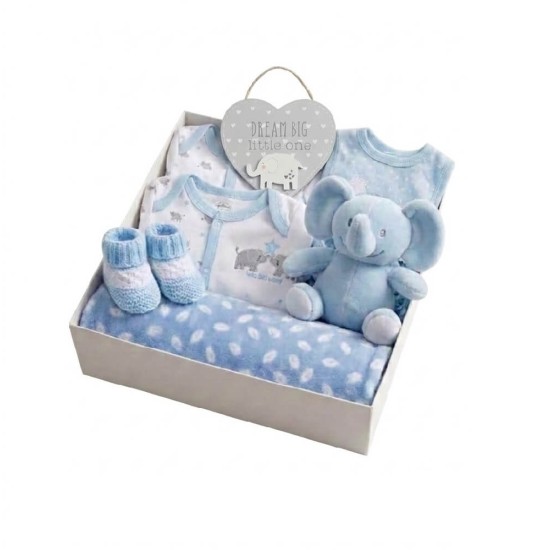 Set cadou bebelusi 9 piese baieti cu paturica fleece bleu jucarie elefantel eco haine bumbac body Hello Big World si salopeta elefantei