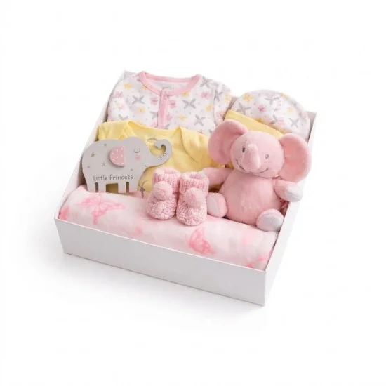 Set cadou bebelusi 9 piese fetite cu paturica fleece roz jucarie elefantel eco haine bumbac body galben Little Love Bug si salopeta fluturi