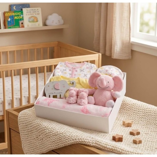 Set cadou bebelusi 9 piese fetite cu paturica fleece roz jucarie elefantel eco haine bumbac body galben Little Love Bug si salopeta fluturi