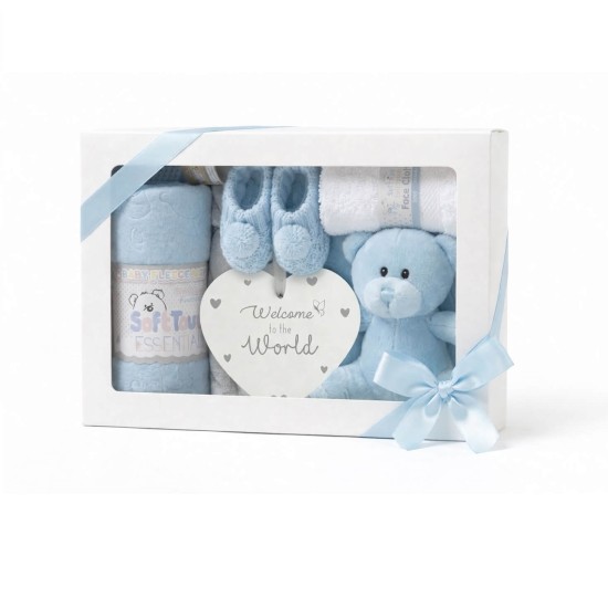 Set cadou bebelusi 11 piese baieti bleu cu ursulet paturica fleece haine bumbac 0-3 3-6 luni si set perie pieptan din fibre naturale