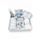 Set cadou bebelusi 11 piese baieti bleu cu ursulet paturica fleece haine bumbac 0-3 3-6 luni si set perie pieptan din fibre naturale