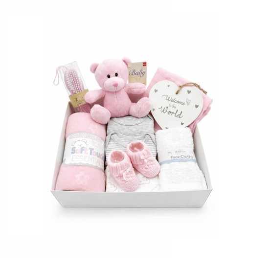 Set cadou bebelusi 11 piese fetite roz cu ursulet paturica fleece body-uri bumbac 0-3 3-6 luni si set perie pieptan eco-friendly