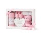 Set cadou bebelusi 11 piese fetite roz cu ursulet paturica fleece body-uri bumbac 0-3 3-6 luni si set perie pieptan eco-friendly